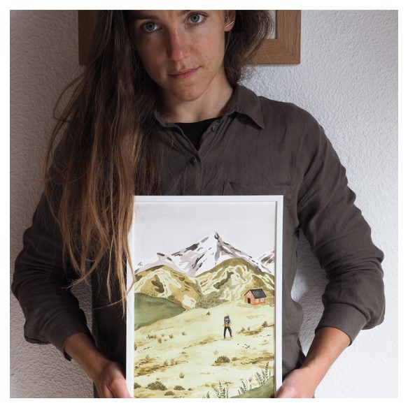 Lauriane Miara zeigt ein Gemälde einer Berglandschaft